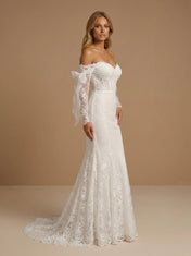 Off the Shoulder Lace Mermaid Long Sleeves Wedding Gown with Bow