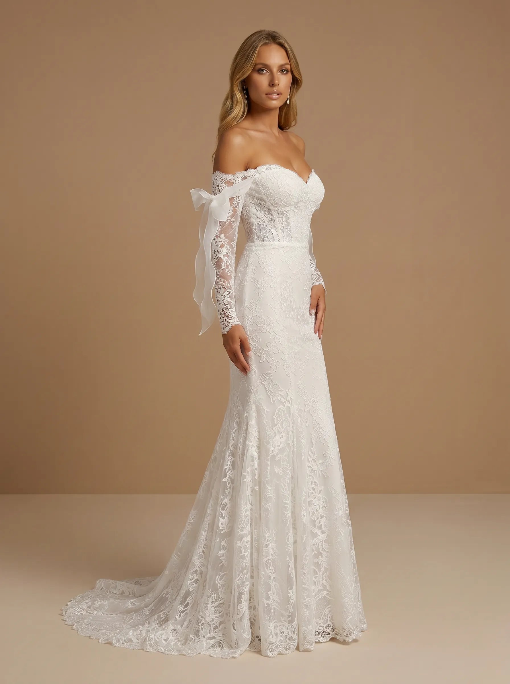 Off the Shoulder Lace Mermaid Long Sleeves Wedding Gown with Bow