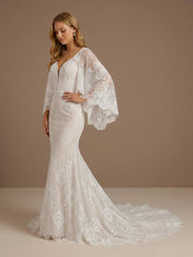 V-Neck Lace Applique Mermaid Boho Wedding Gown with Train