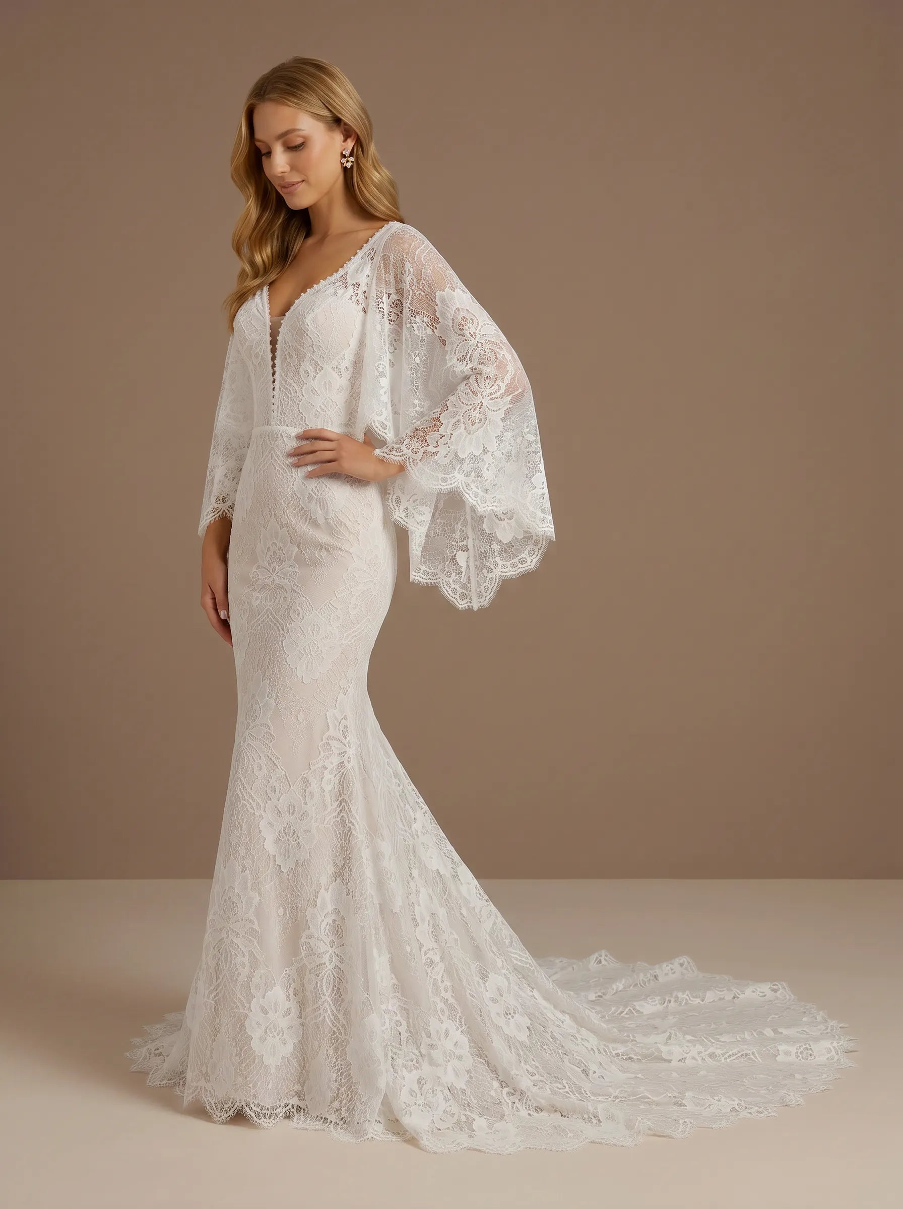 V-Neck Lace Applique Mermaid Boho Wedding Gown with Train