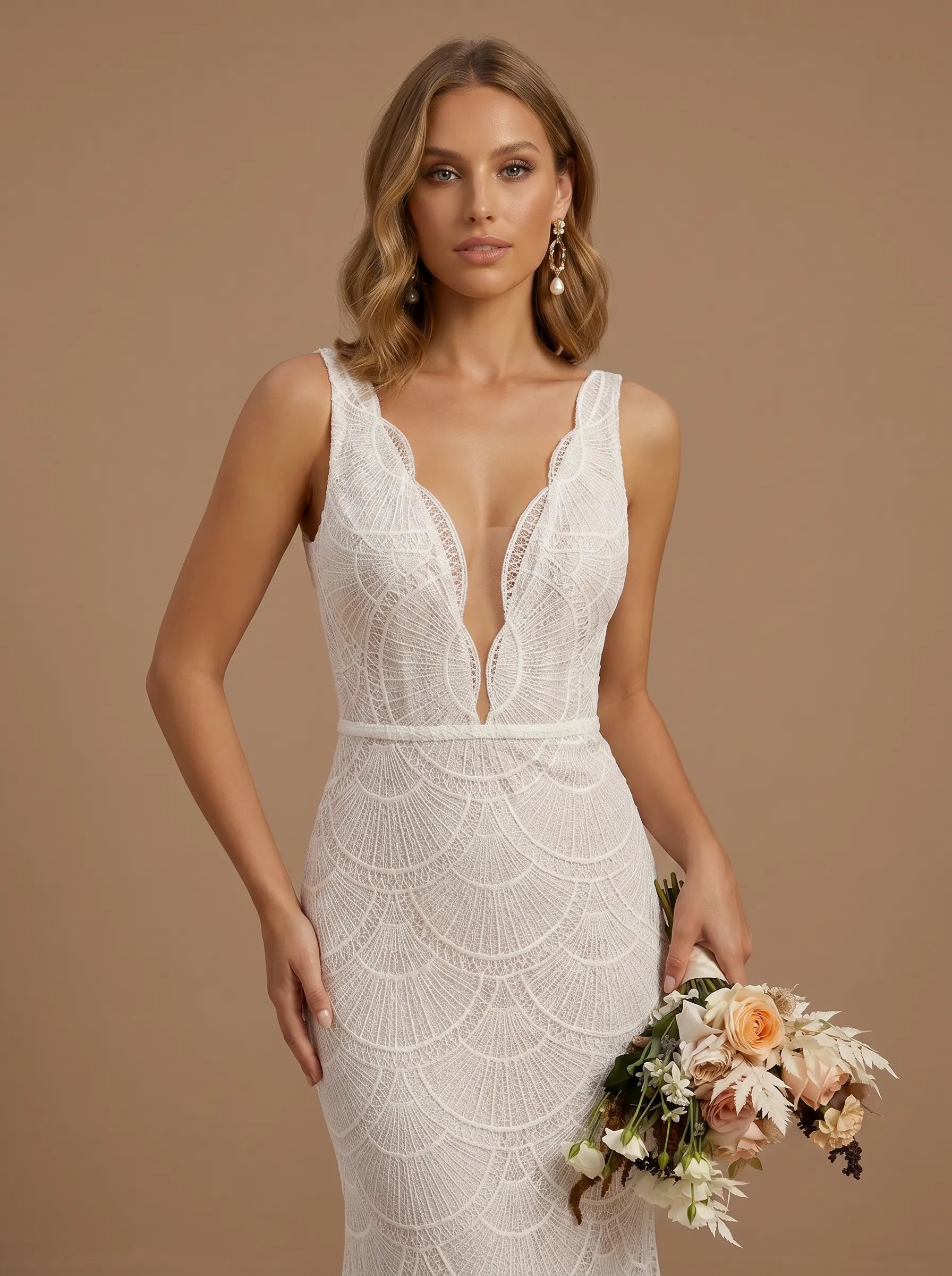 Sleeveless V-Neck Lace Appliques Mermaid Wedding Gown
