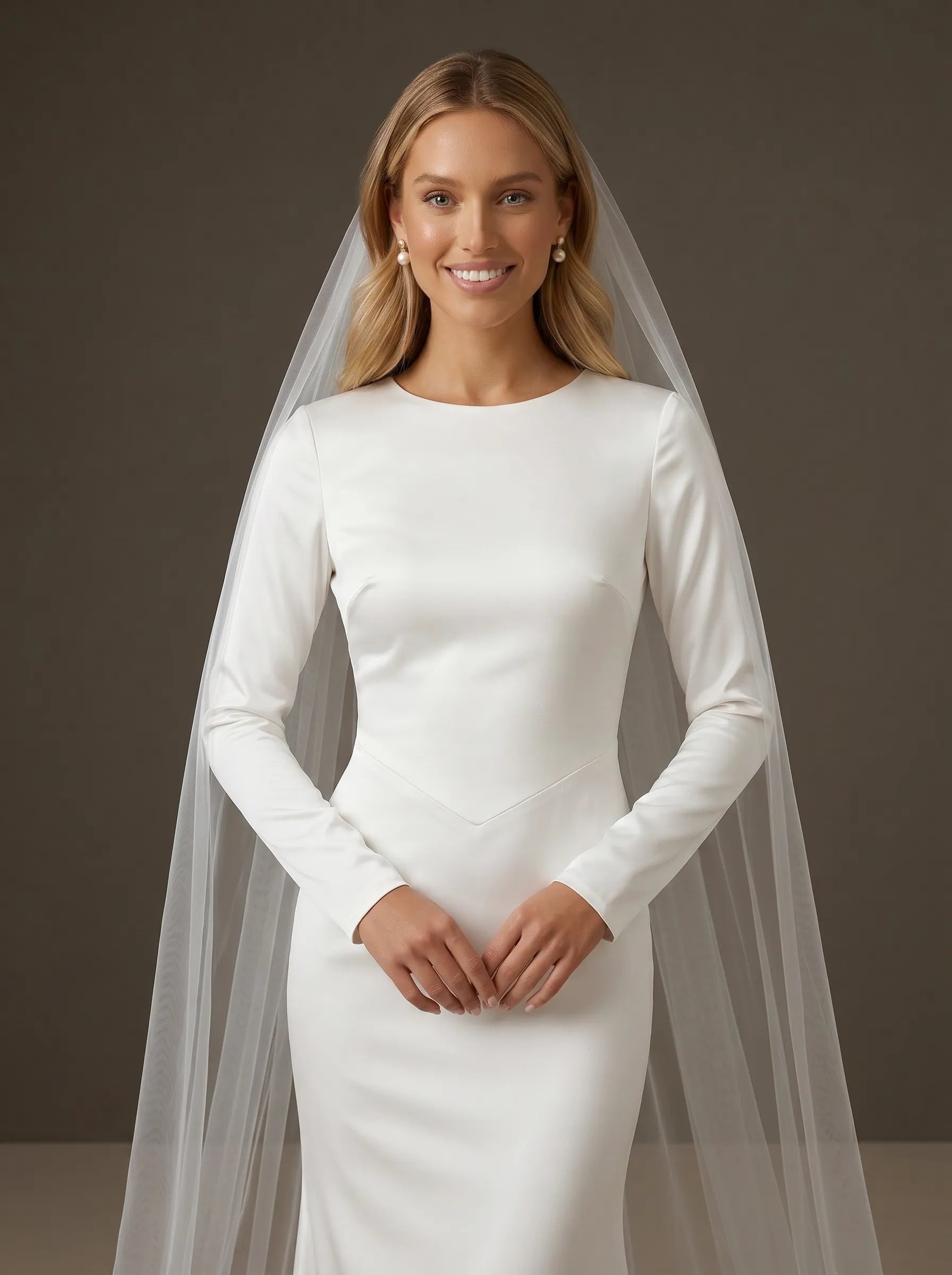 Scoop Neck Satin Mermaid Wedding Gown with Long Sleeve