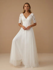 V-Neck Lace Applique Short Sleeve Tulle A-Line Wedding Gown