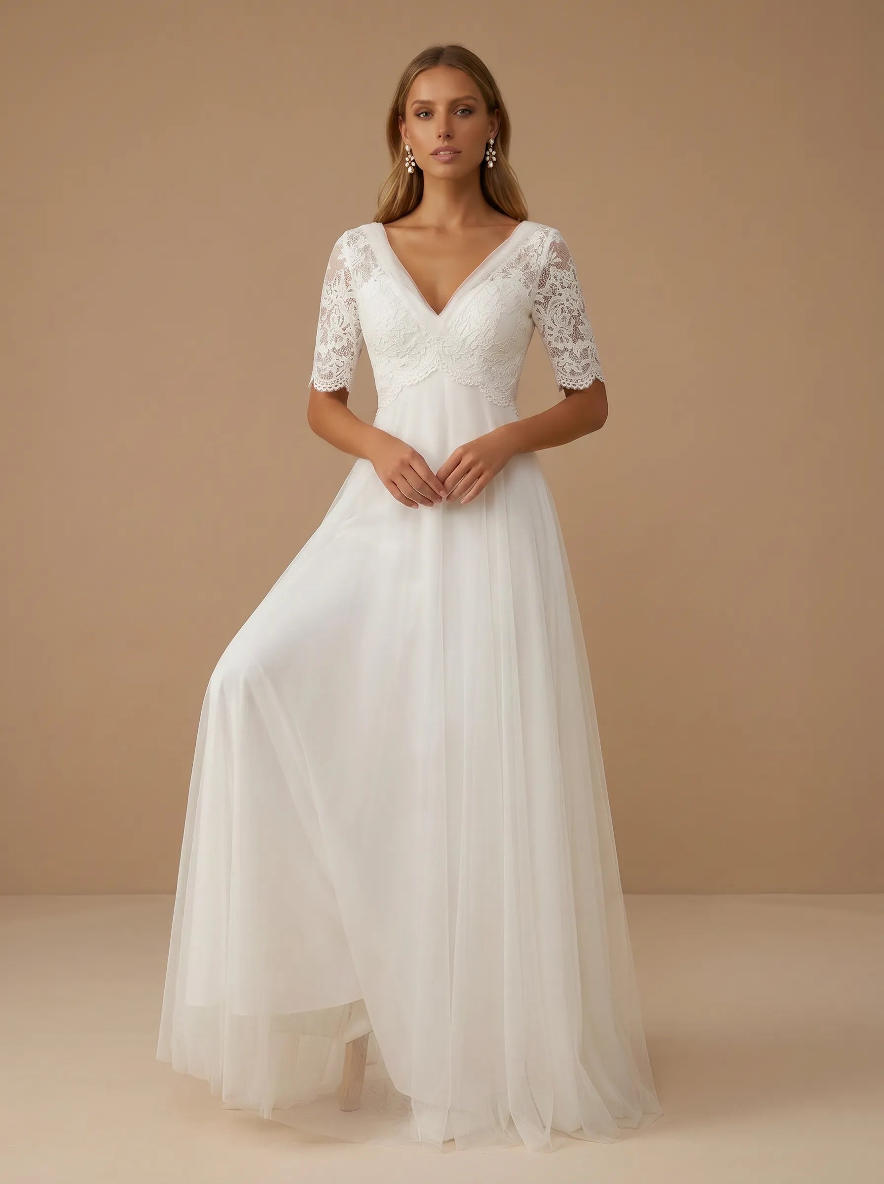 V-Neck Lace Applique Short Sleeve Tulle A-Line Wedding Gown