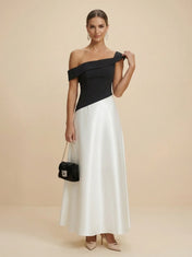 Elegant Bicolor One-Shoulder A-Line Maxi Dress with Folded Neckline