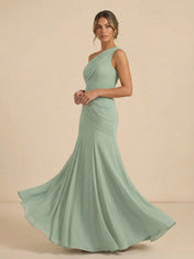 Sage Green One-Shoulder Chiffon Mermaid Evening Gown with Ruched