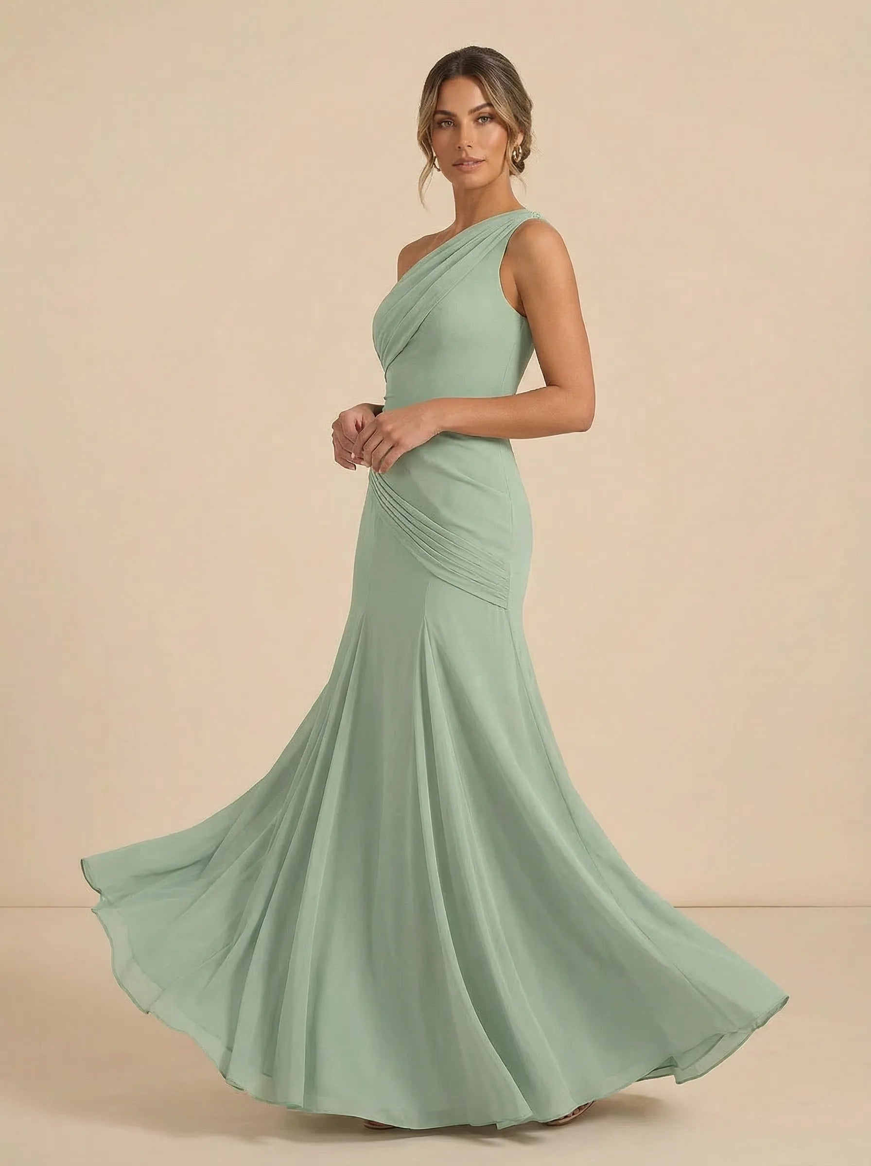Sage Green One-Shoulder Chiffon Mermaid Evening Gown with Ruched