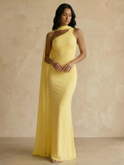 Yellow One-Shoulder Crepe Sheath Gown with Flowing Chiffon Cape Train