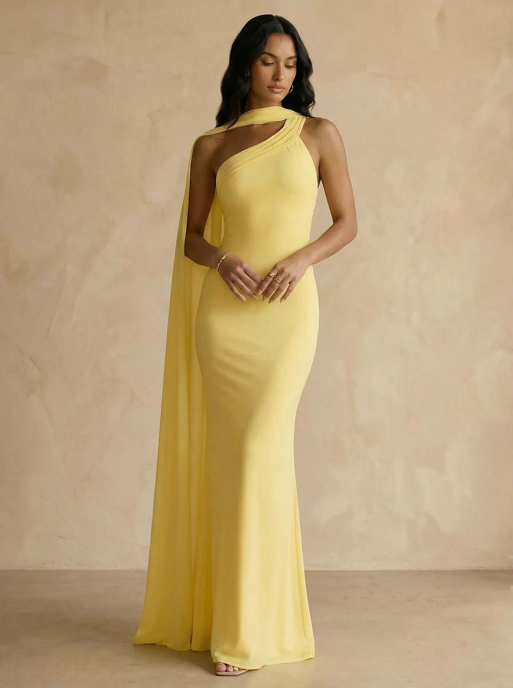 Yellow One-Shoulder Crepe Sheath Gown with Flowing Chiffon Cape Train
