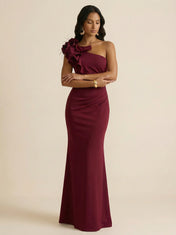 Burgundy One-Shoulder Sheath Evening Gown with Oversized Floral Feather Shoulder Detail & High Slit