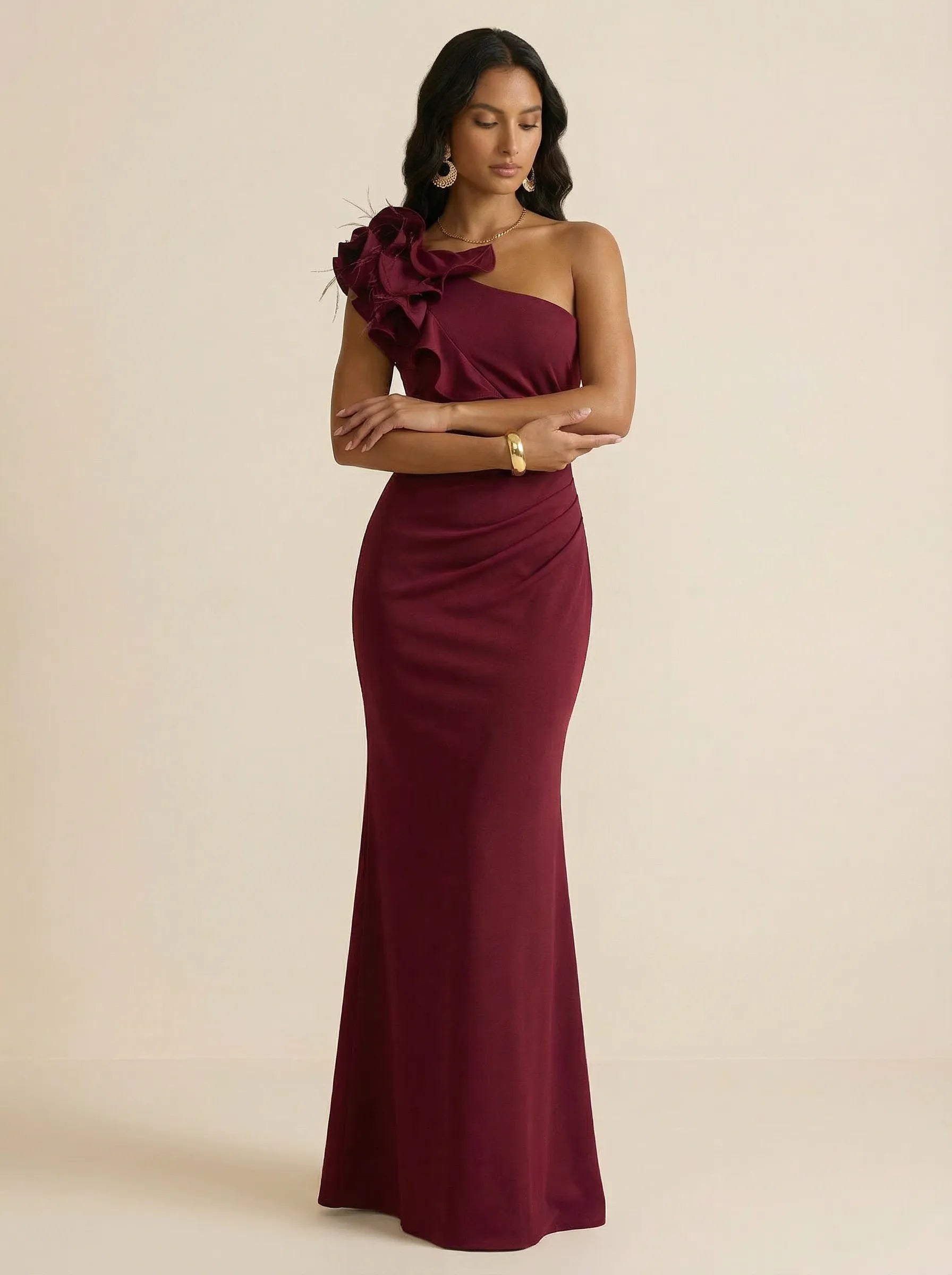 Burgundy One-Shoulder Sheath Evening Gown with Oversized Floral Feather Shoulder Detail & High Slit