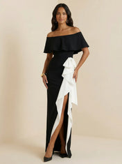 Black & White Off-Shoulder Crepe Sheath Gown with Contrast Ruffle Overlay & High Slit