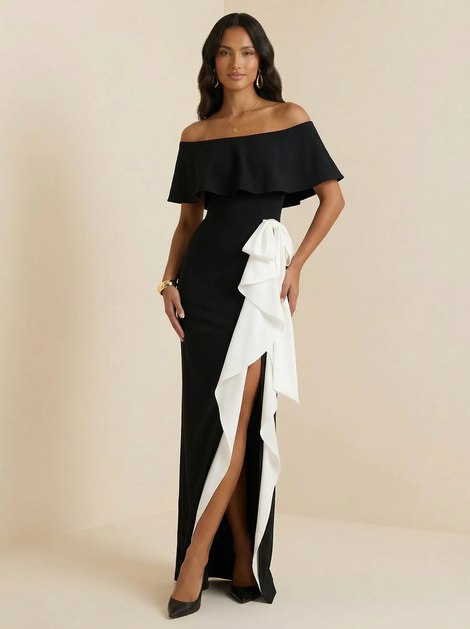 Black & White Off-Shoulder Crepe Sheath Gown with Contrast Ruffle Overlay & High Slit