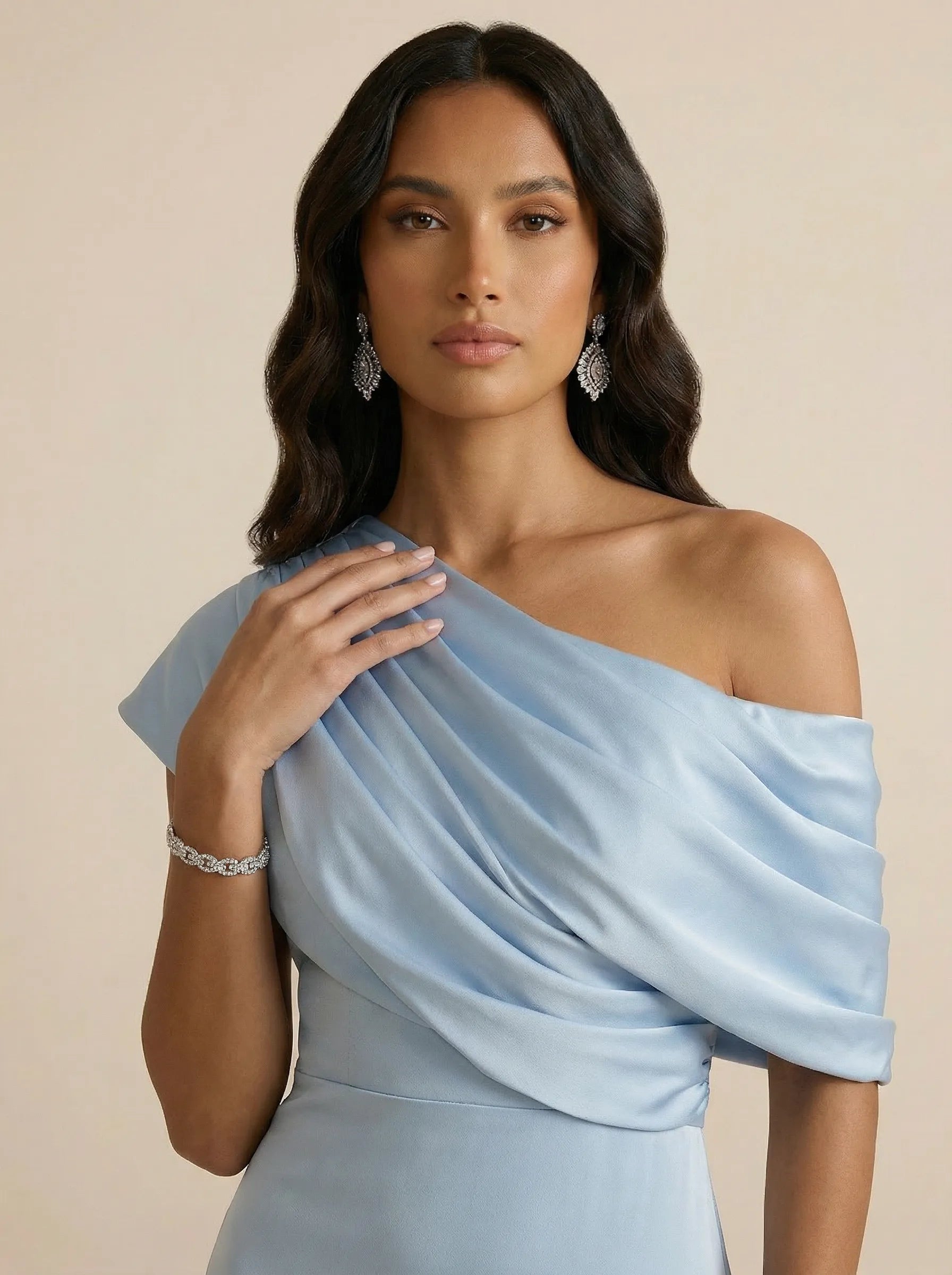 Off-Shoulder Draped Sheath Evening Gown with Asymmetric Wrap Neckline