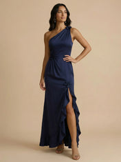 Navy Blue One-Shoulder Satin Sheath Gown with Floral Rosette Accent & Ruffle High-Slit