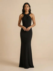 Black Halter Neck Column Evening Gown with 3D Floral Rosette Collar Detail
