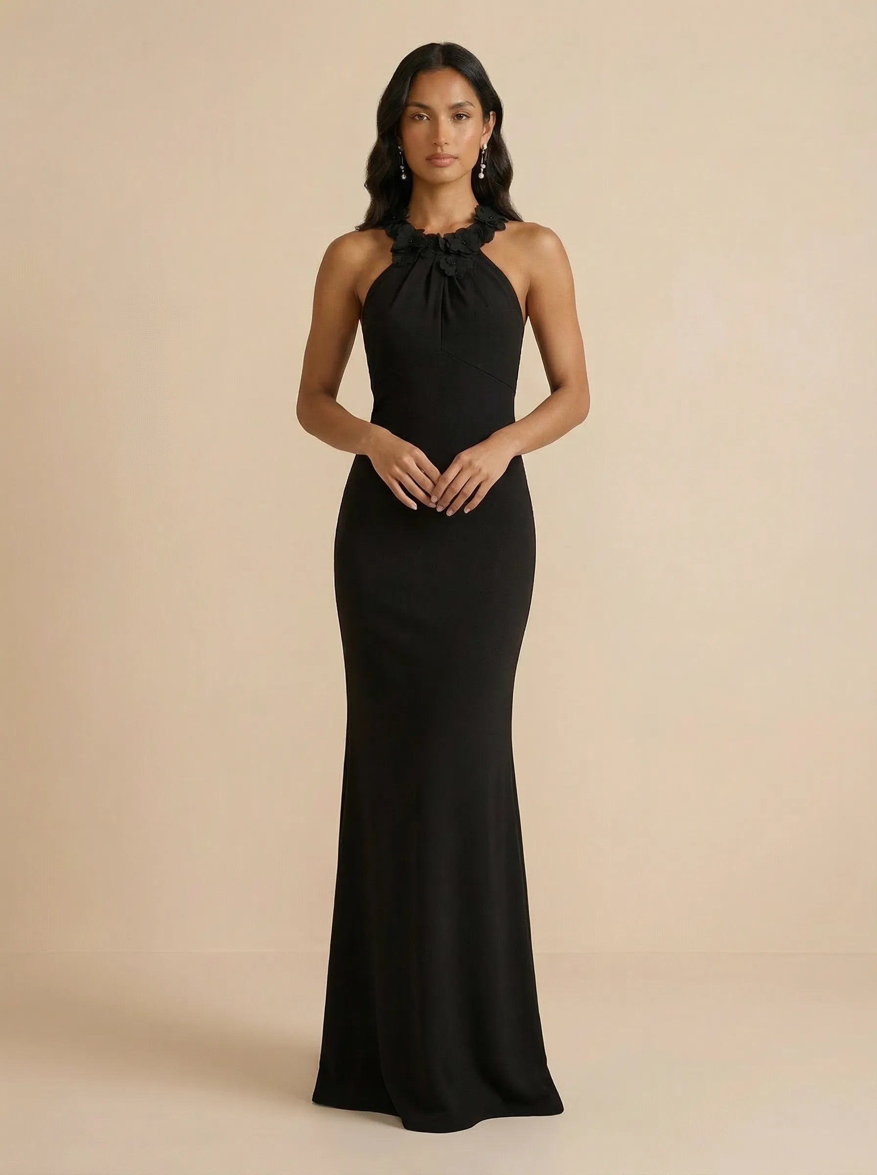 Black Halter Neck Column Evening Gown with 3D Floral Rosette Collar Detail