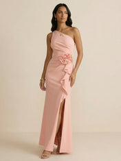 Dusty Rose One-Shoulder Crepe Evening Gown with 3D Rosette & Ruffle Side Slit