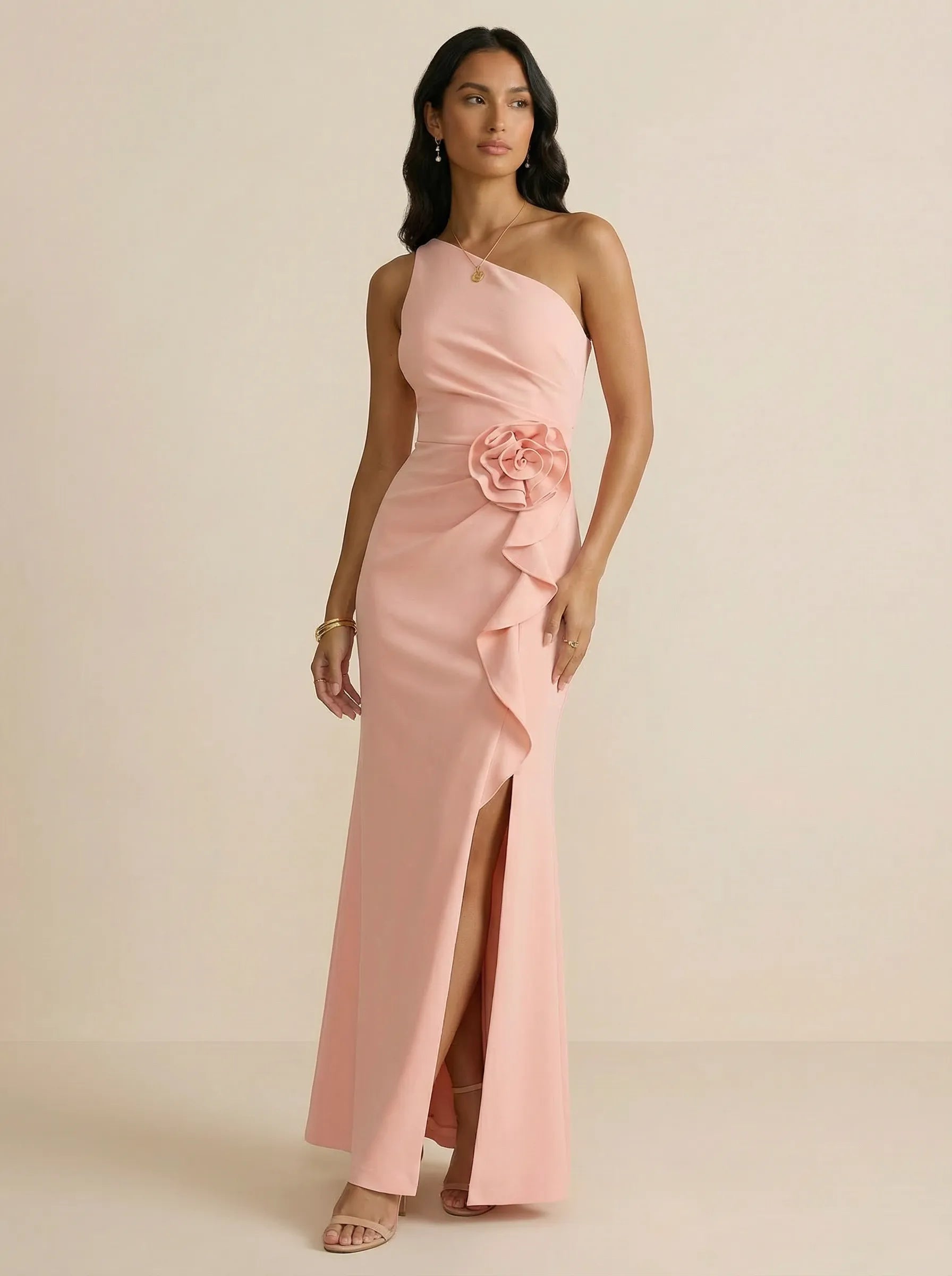 Dusty Rose One-Shoulder Crepe Evening Gown with 3D Rosette & Ruffle Side Slit