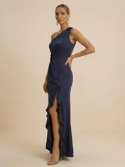Navy Blue One-Shoulder Satin Sheath Evening Gown with 3D Floral Rosette & Cascading Ruffle High Slit