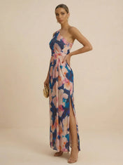 Watercolor Floral One-Shoulder Pleated Column Evening Dress
