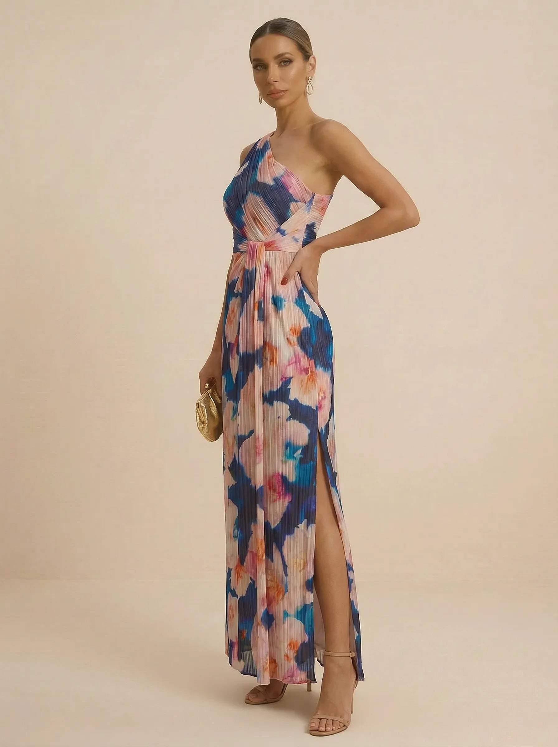 Watercolor Floral One-Shoulder Pleated Column Evening Dress