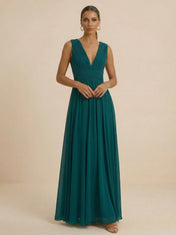 Teal Pleated V-Neck Chiffon Evening Gown with Ruched