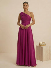 Elegant Fuchsia Off-Shoulder Pleated Mermaid Gown with High Slit