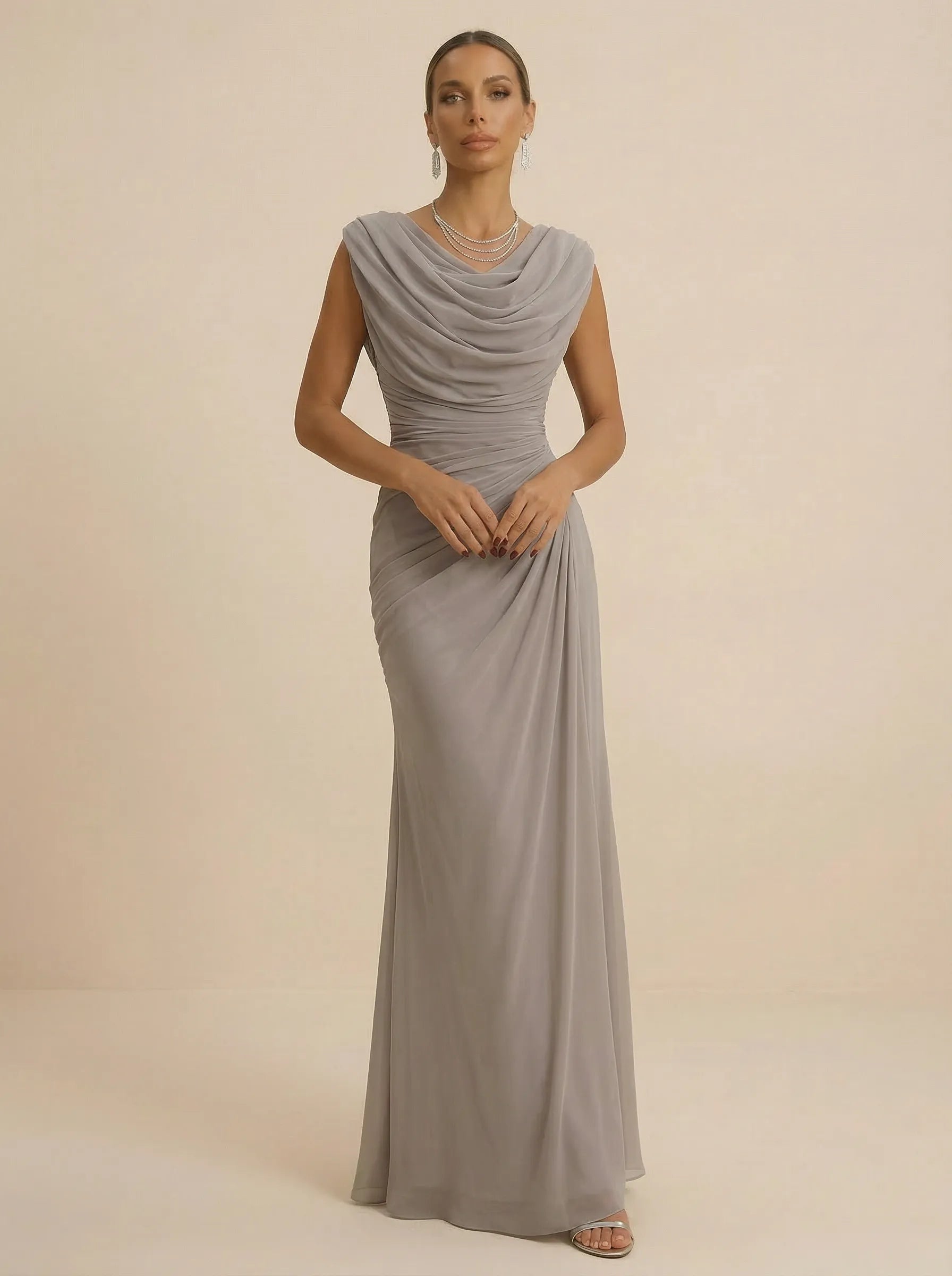 Dusty Grey Draped Cowl Neck Ruched Chiffon Evening Dresses