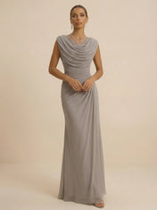 Dusty Grey Draped Cowl Neck Ruched Chiffon Evening Dresses