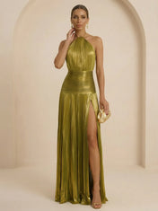 Formal Wedding Guest Dress Olive Green Halter Pleated Maxi High Slit Gown