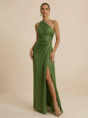 Elegant One Shoulder Green Pleated Chiffon Evening Gown with Split
