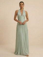 Sage Green Halter Neck Pleated Chiffon Evening Gown with Ruched