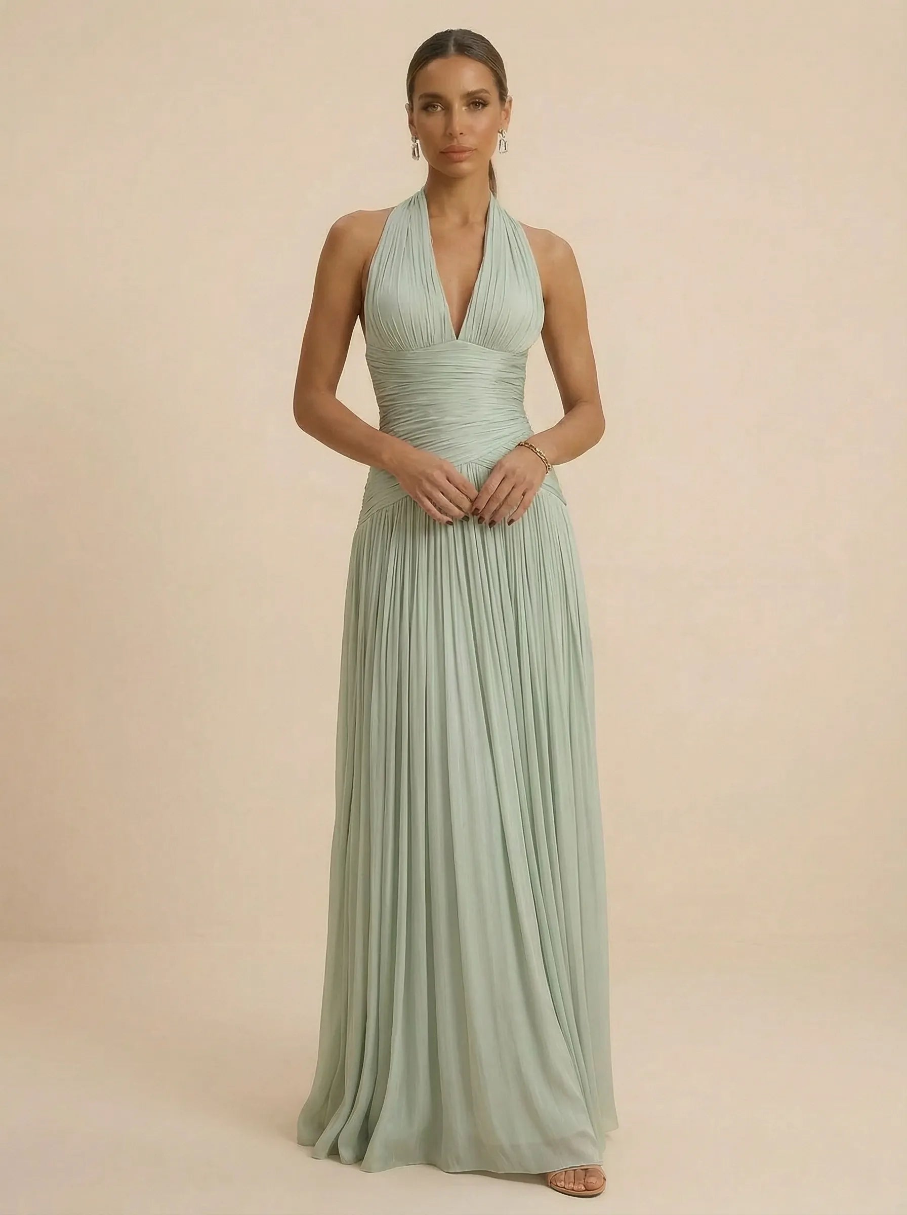 Sage Green Halter Neck Pleated Chiffon Evening Gown with Ruched