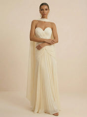 Sweetheart Strapless Pleated Chiffon Evening Gown with Scarf