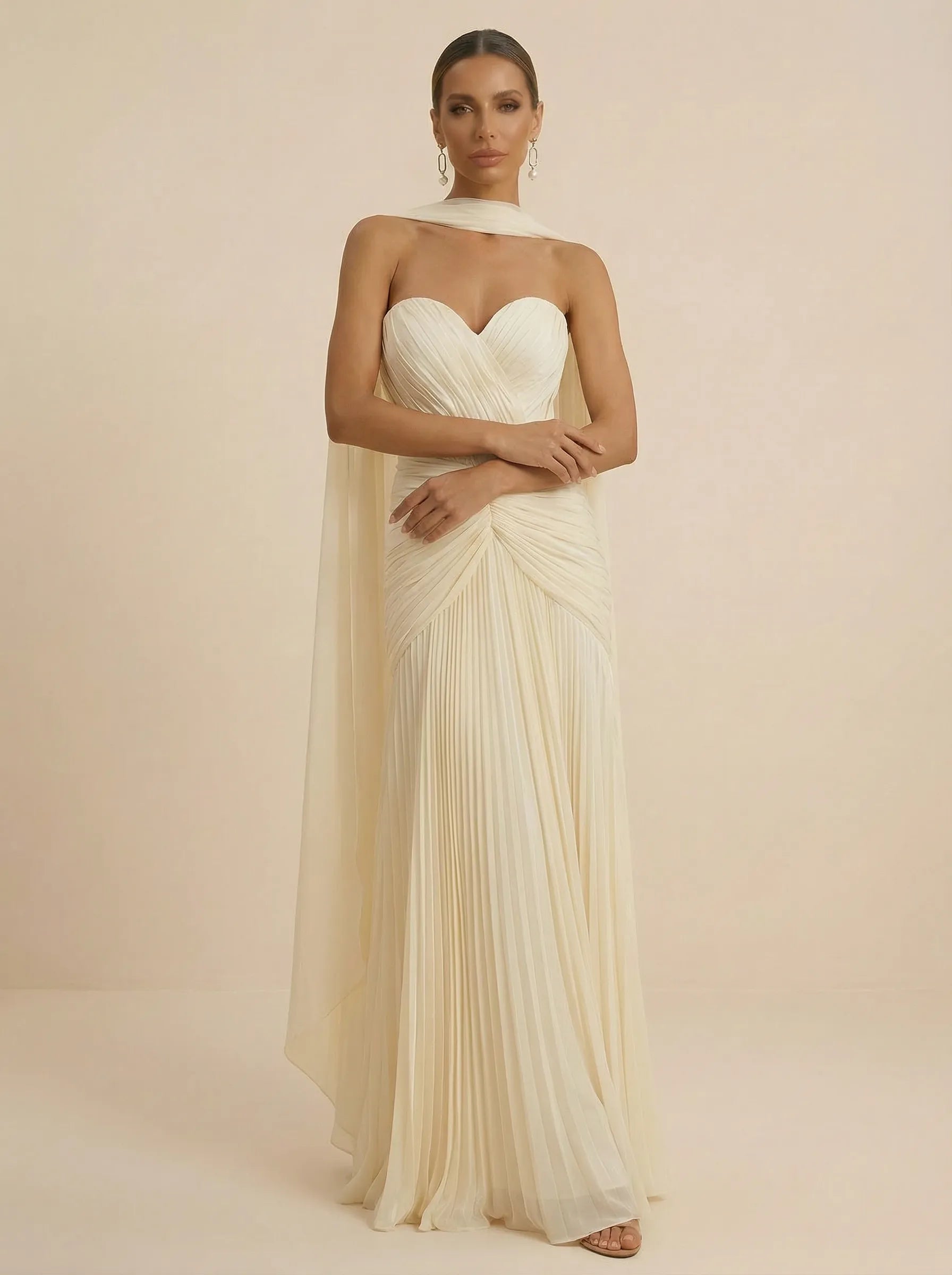 Sweetheart Strapless Pleated Chiffon Evening Gown with Scarf