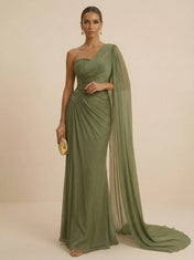 Sage Green One Shoulder Beaded Evening Gown with Cape Sleeve