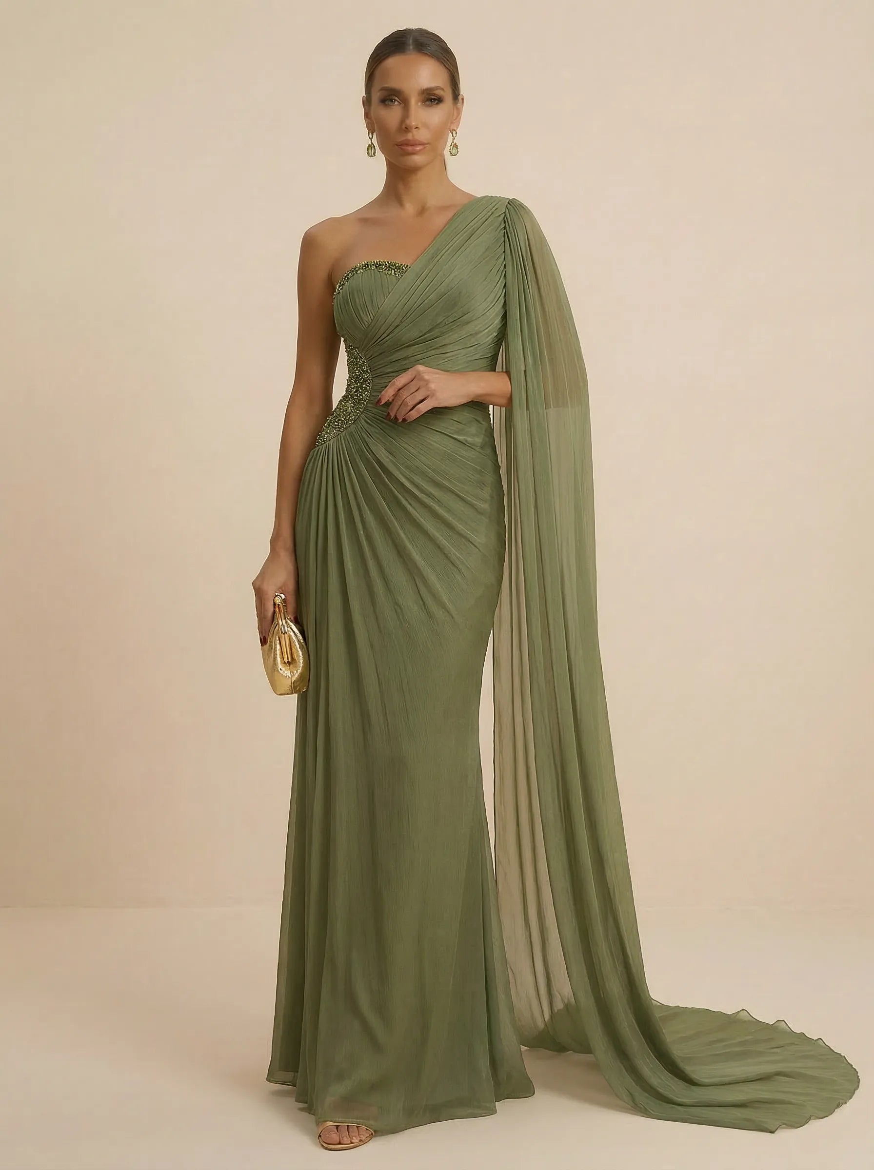Sage Green One Shoulder Beaded Evening Gown with Cape Sleeve