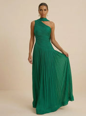 Green Halter Neck Metallic Pleated Evening Gown with Split
