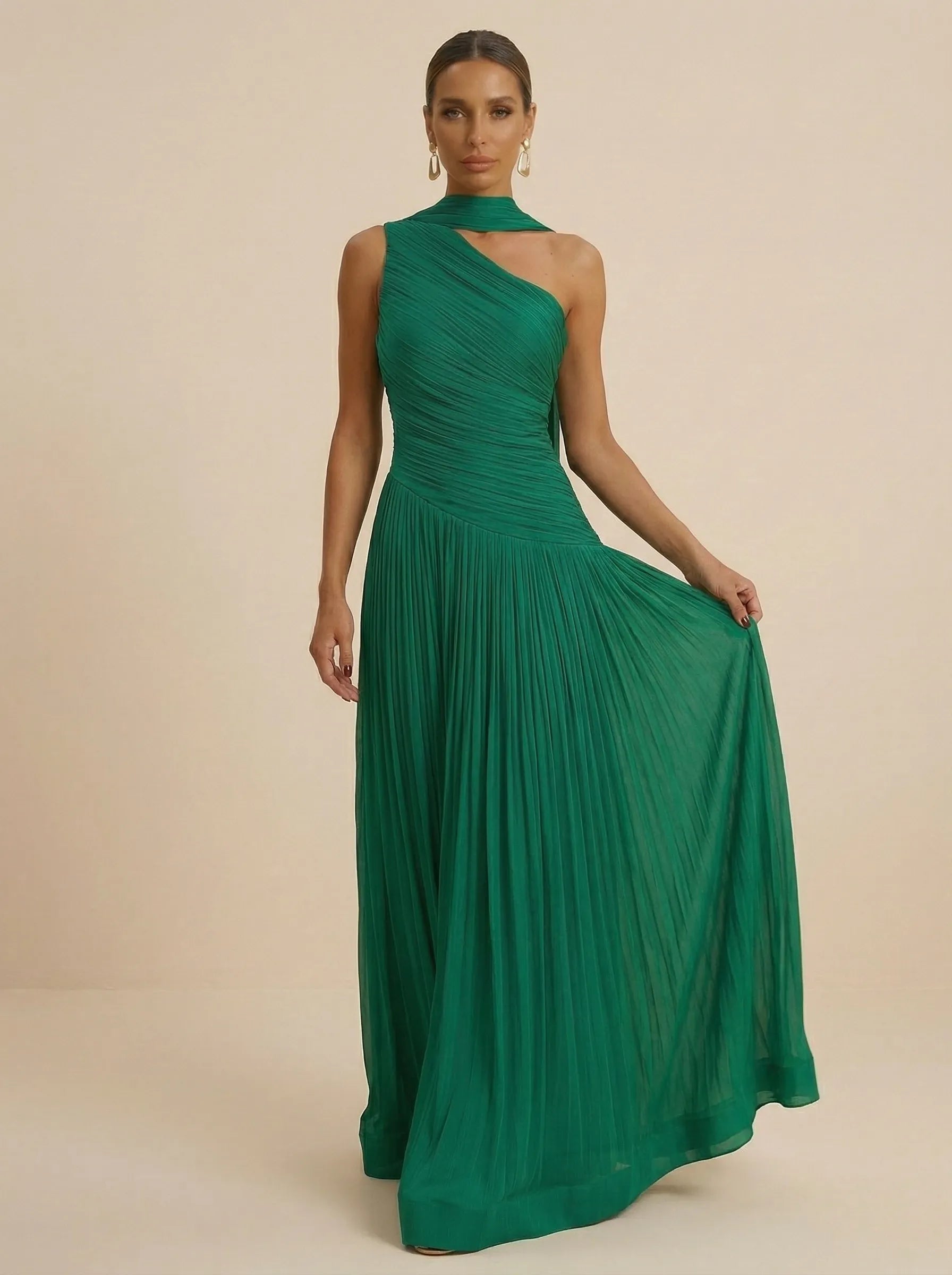Green Halter Neck Metallic Pleated Evening Gown with Split