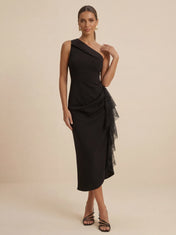 Black One Shoulder Lace Ruffle Midi Evening Dress with Slit