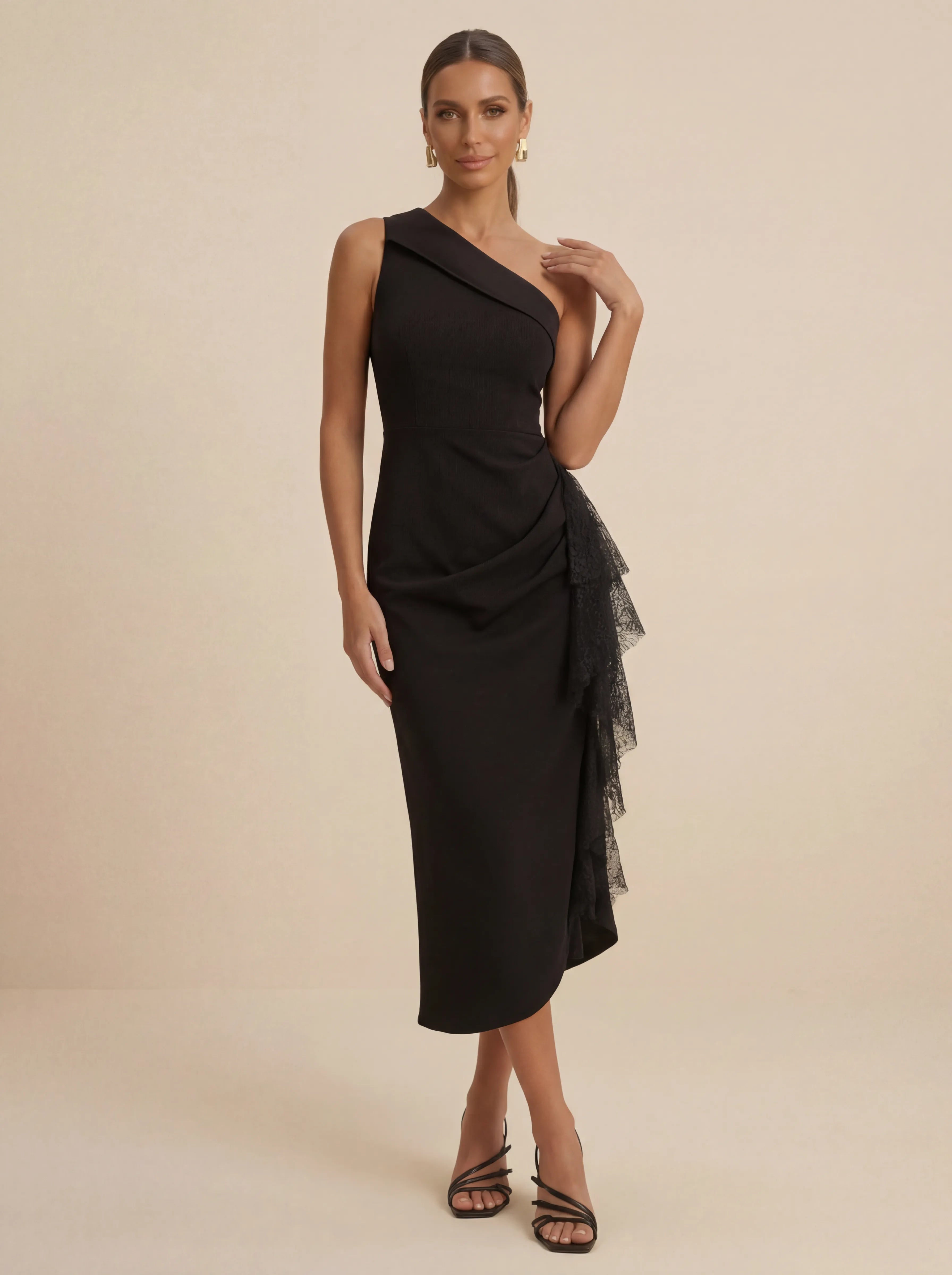 Black One Shoulder Lace Ruffle Midi Evening Dress with Slit