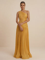 Mustard Yellow One Shoulder Pleated Evening Gown with Ruched