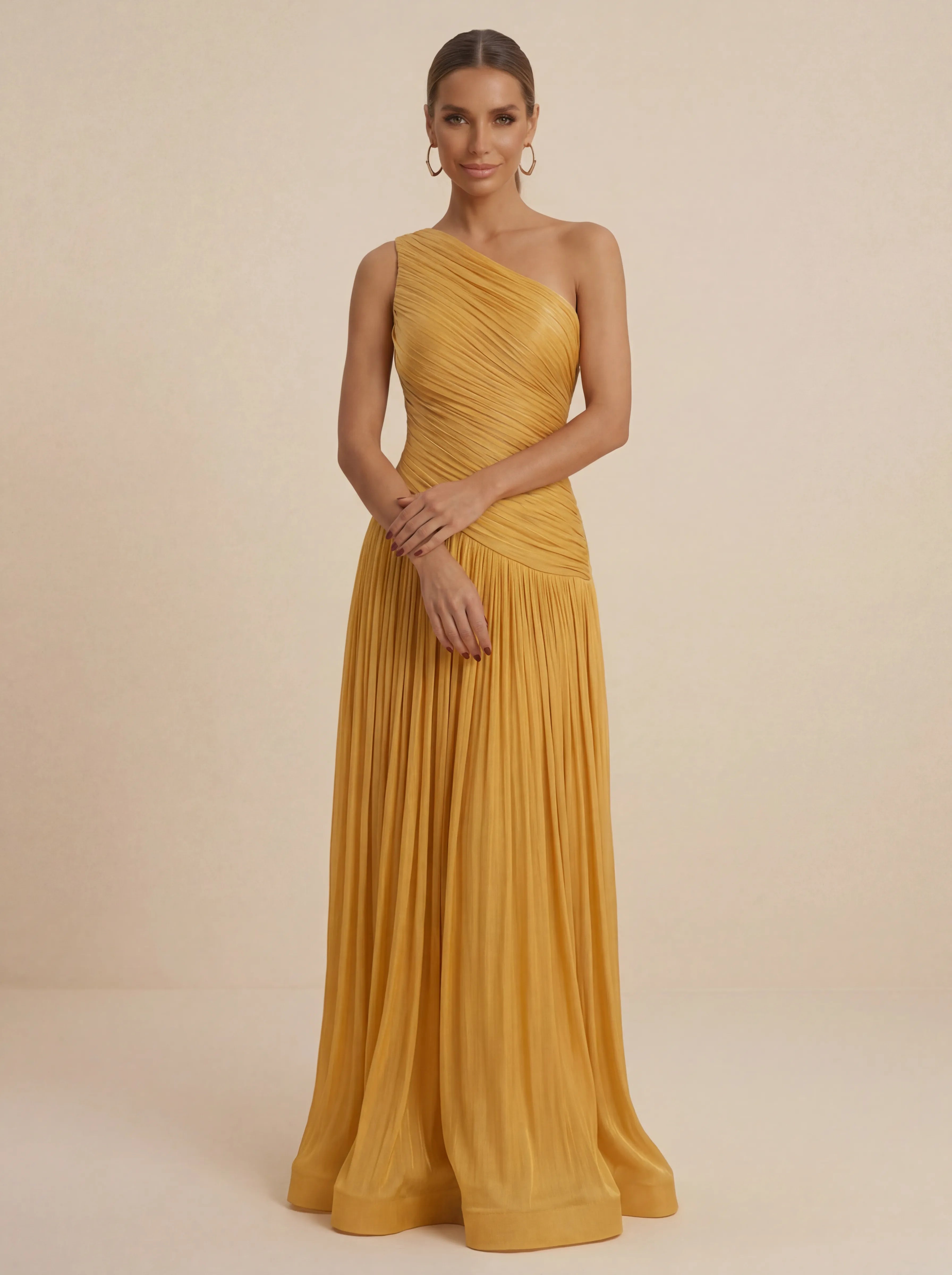 Mustard Yellow One Shoulder Pleated Evening Gown with Ruched