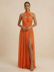 Orange Halter Neck Chiffon Cut-out Evening Gown with Slit