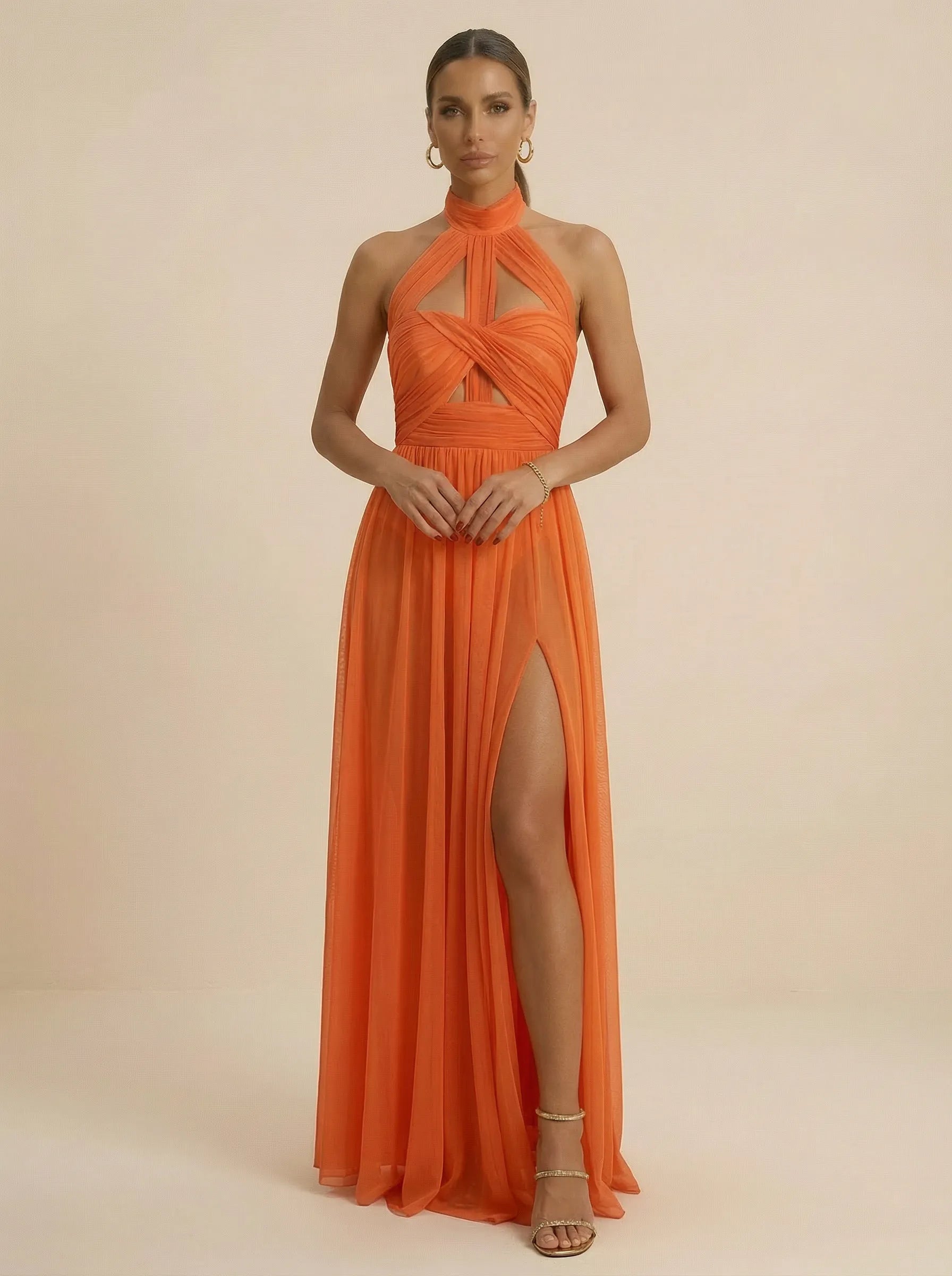Orange Halter Neck Chiffon Cut-out Evening Gown with Slit