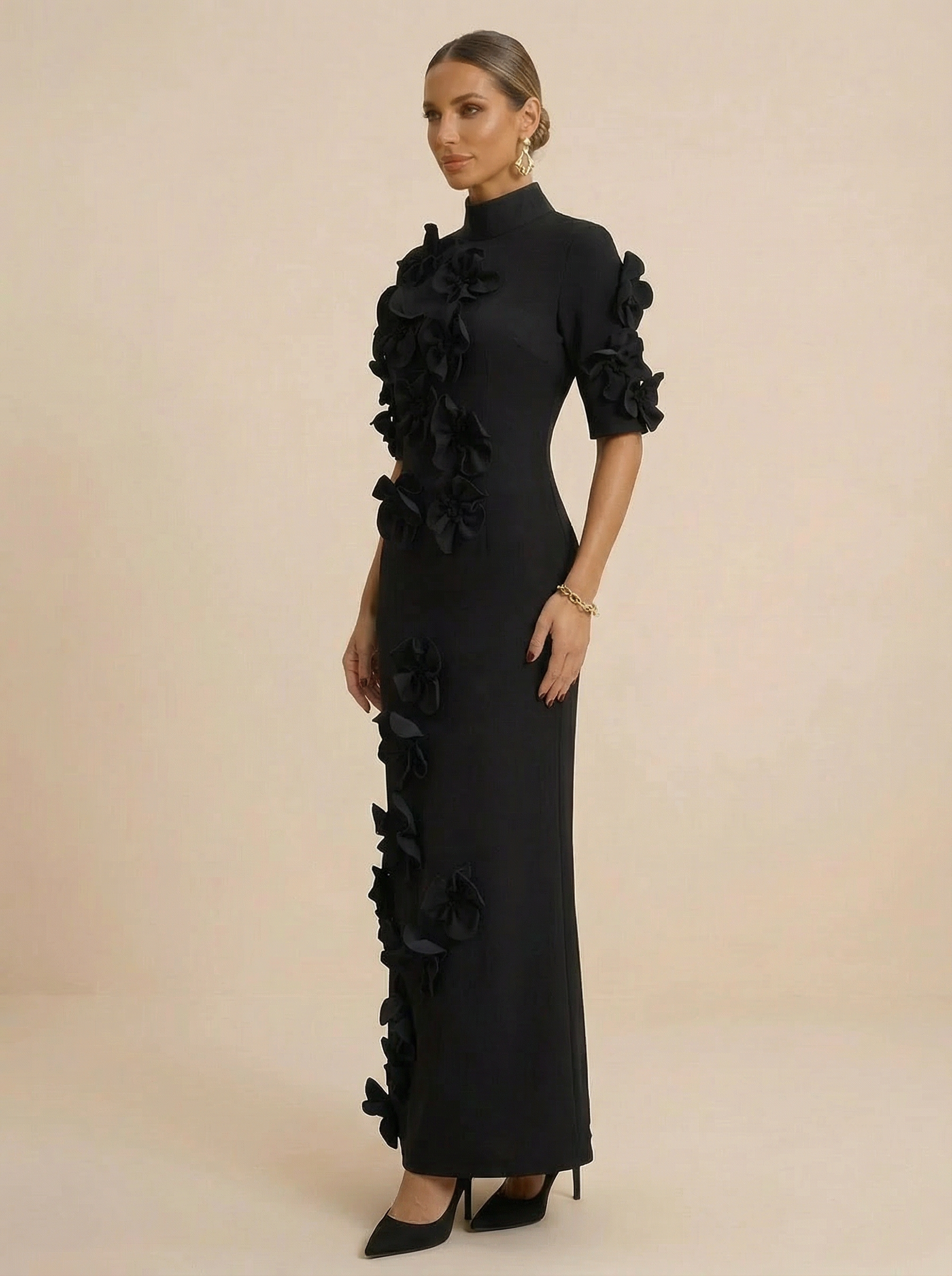Black Short Sleeves High Neck Evening Gown with 3D Floral Appliques