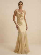 Champagne Gold Cowl Neck Satin  Mermaid Evening Gown with Tulle