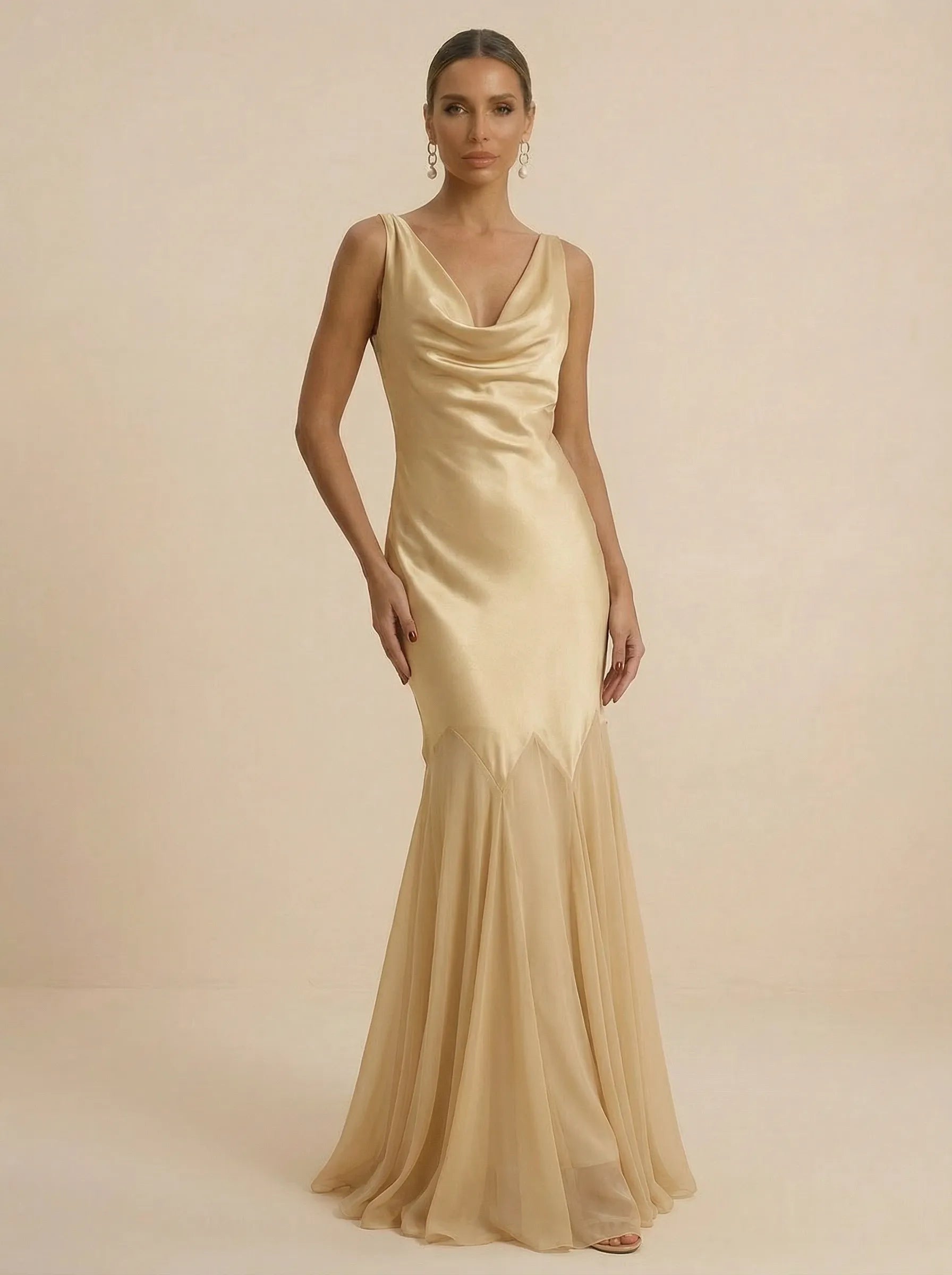 Champagne Gold Cowl Neck Satin  Mermaid Evening Gown with Tulle