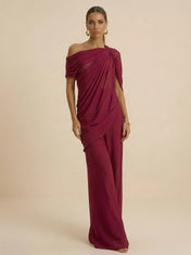 Wine Red One Shoulder Jumpsuit Evening Dress with Pleated